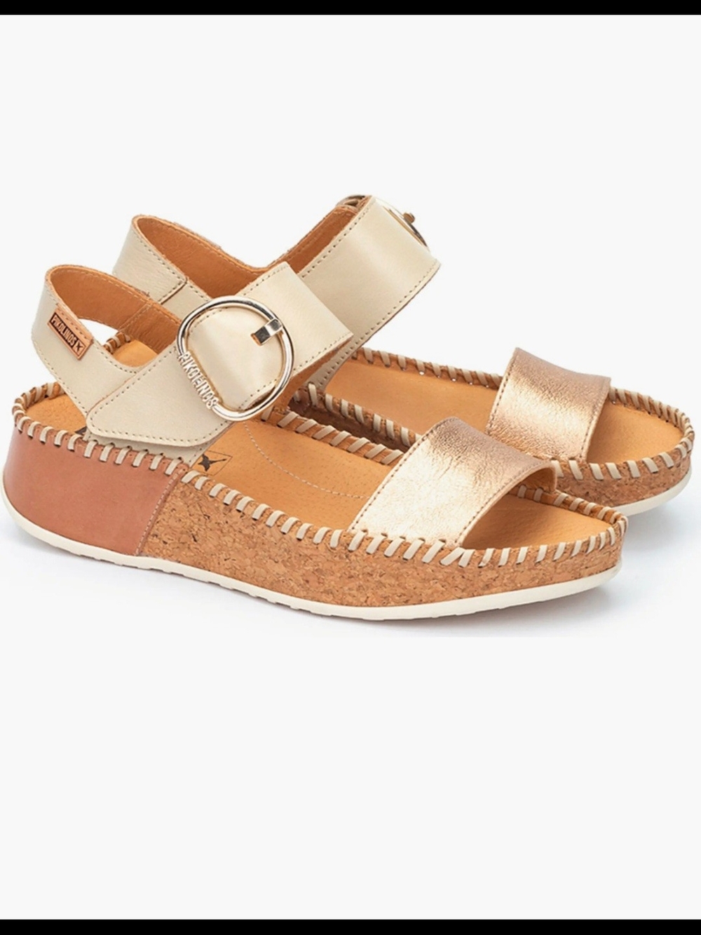PIKOLINOS Metallic Gold and Cream Cork Sandals